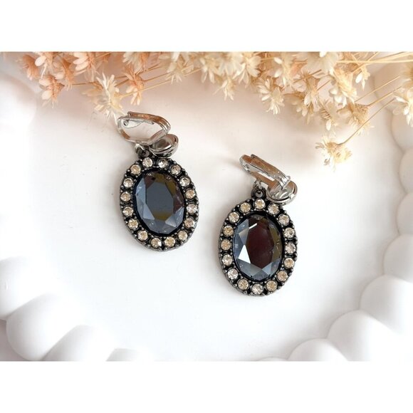 Silver Toned Faceted Oval Grey Rhinestone Halo Style Clip On Dangle Earrings - Picture 2 of 8